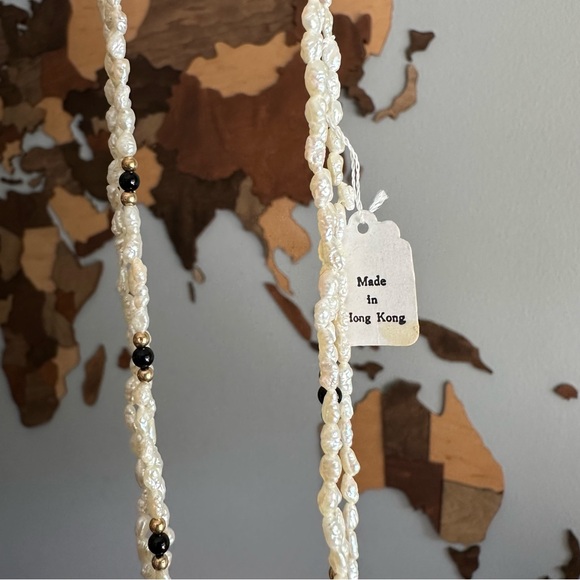 Vintage 14k Gold Biwa Pearl Onyx Triple Strand 17” Hong Kong Necklace New Tags - Picture 7 of 8